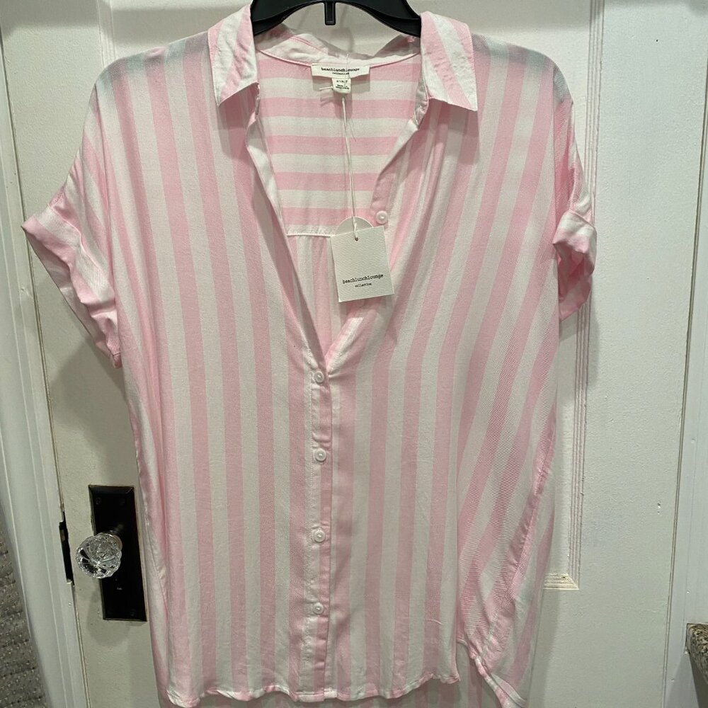 BeachLunchLounge Pink wide stripe short-sleeve buttton down shirt